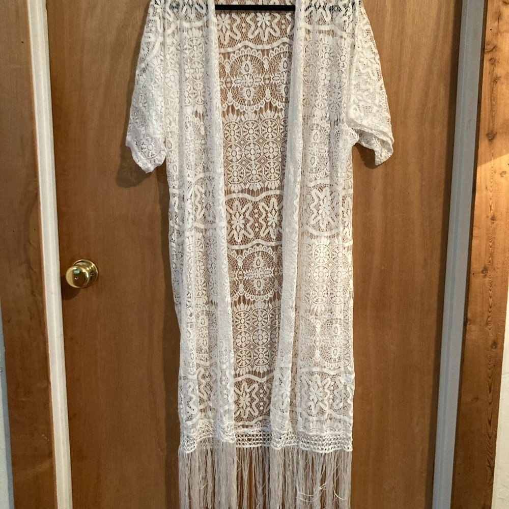 Long White Lace Kimono with Fringe